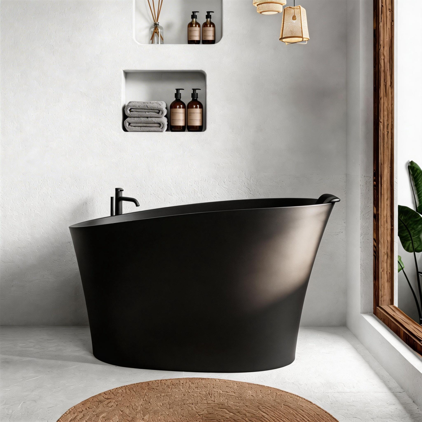 51" Solid Surface Oval Freestanding Black Bathtub with Overflow and Drain Assembly, with Integral Seat and headrest, LTL image 1