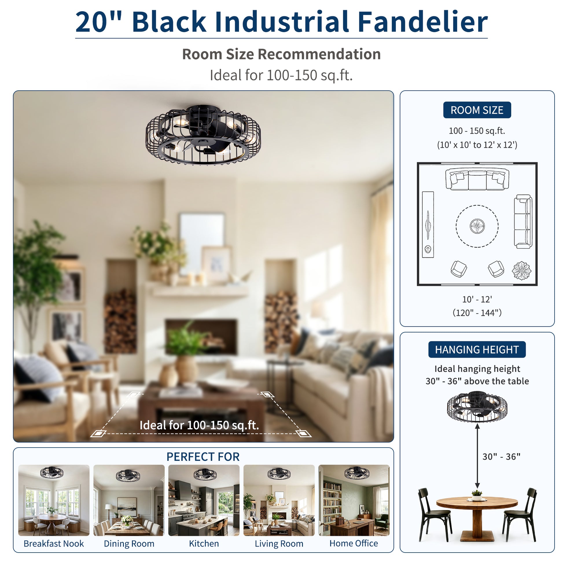 20" Black Industrial Flush Mount Ceiling Fan with Lights, Low Profile Fandelier with E12 Sockets, Reversible DC Motor, 6 Speeds, Quiet Ceiling Fan for Bedroom Kitchen Dining Room Farmhouse image 12
