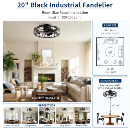 20" Black Industrial Flush Mount Ceiling Fan with Lights, Low Profile Fandelier with E12 Sockets, Reversible DC Motor, 6 Speeds, Quiet Ceiling Fan for Bedroom Kitchen Dining Room Farmhouse image 12