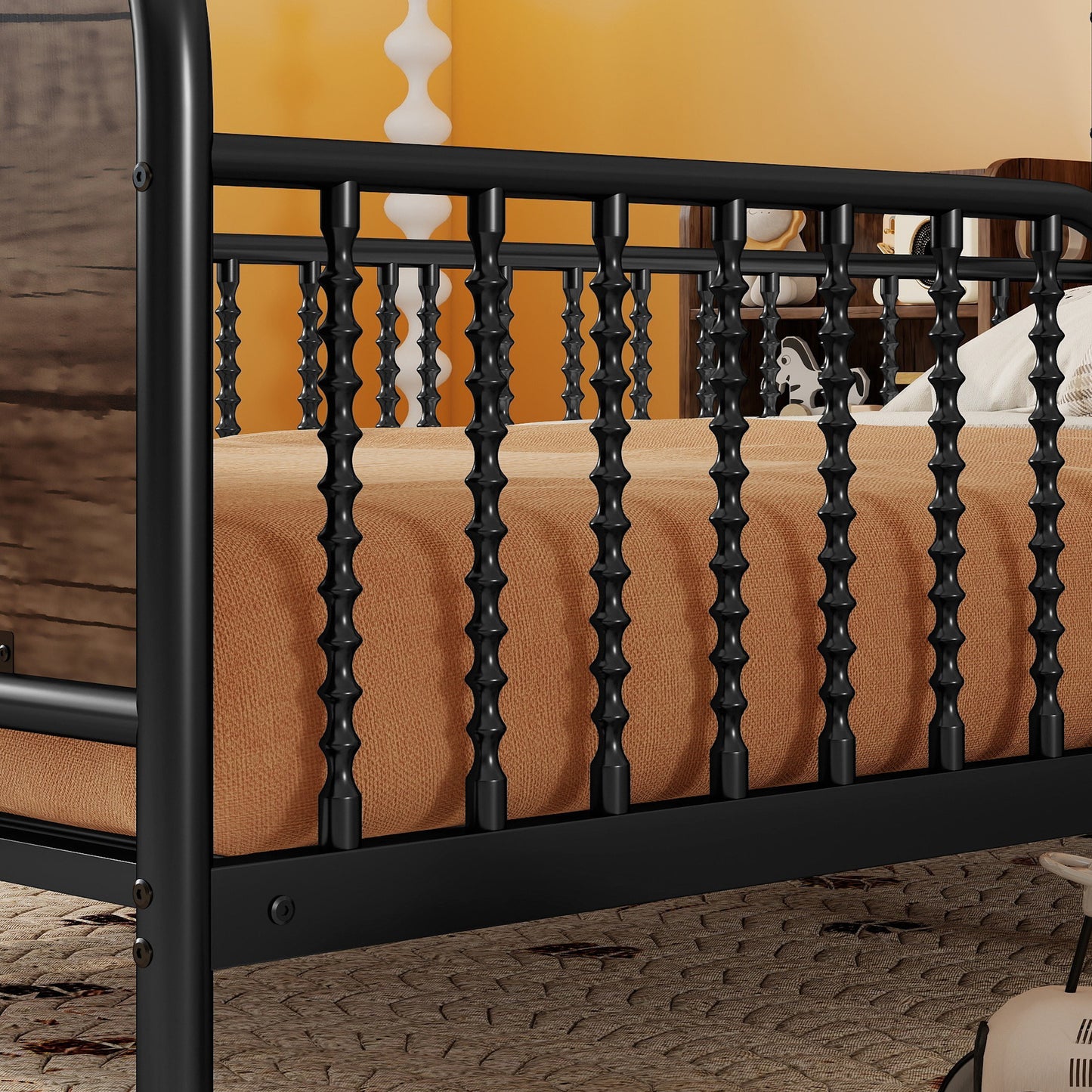 Twin Size Metal Platform Bed Frame with Light, Kids Twin Metal Bed with Upholstered and Pull Out Storage Shelves, Black (Expect Arrival Date 2025/10/5) image 3