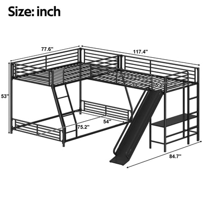 L-Shaped Twin over Full Bunk Bed with Twin Size Loft Bed,Built-in Desk and Slide,Black image 7