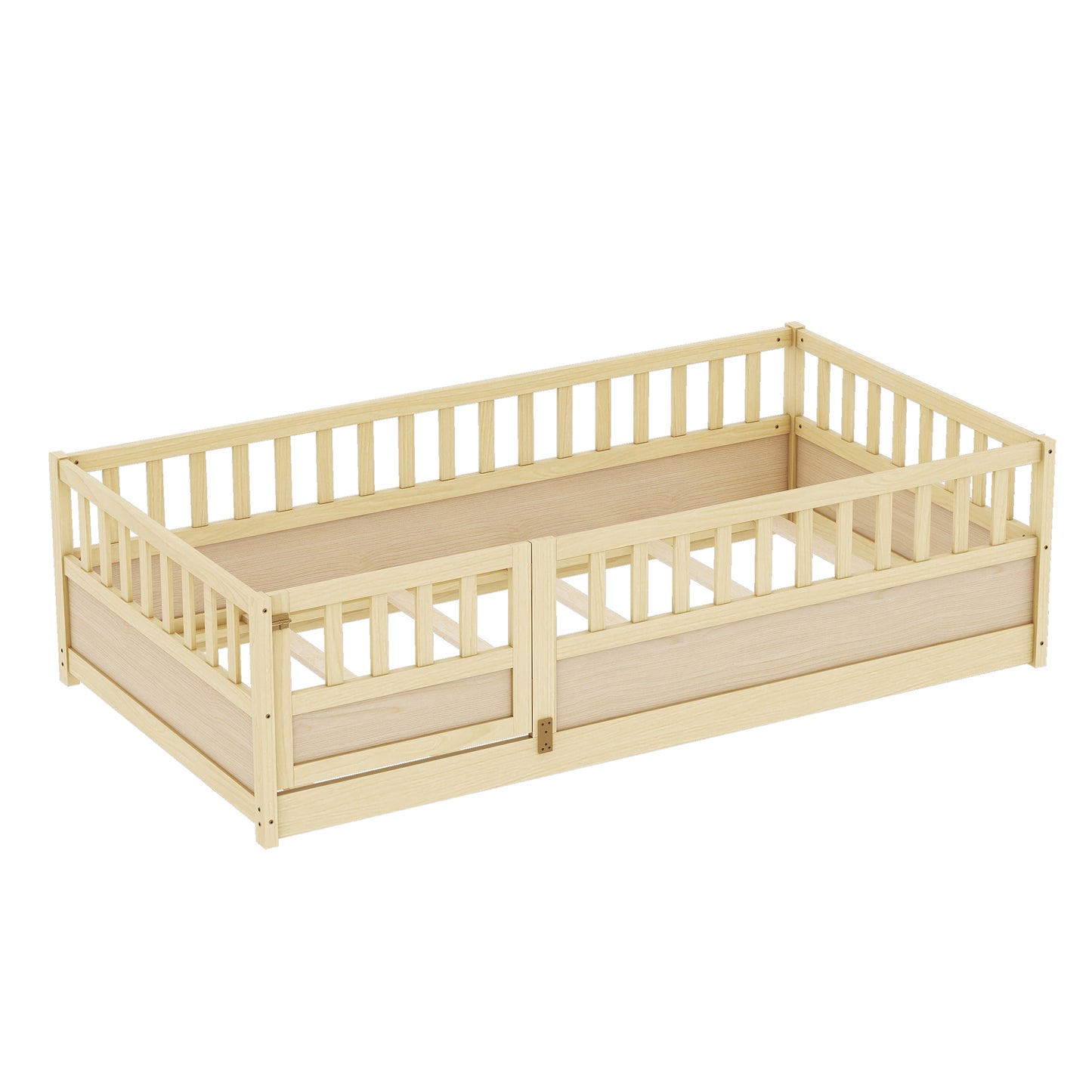 Twin Size Floor bed, integral construction with super high security barrier, door, children's floor bed frame, Montessori wooden children's floor bed, Support slat Natural Wood(Patented model) image 7