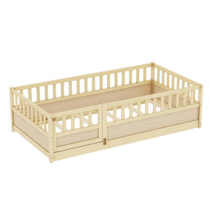 Twin Size Floor bed, integral construction with super high security barrier, door, children's floor bed frame, Montessori wooden children's floor bed, Support slat Natural Wood(Patented model) image 7