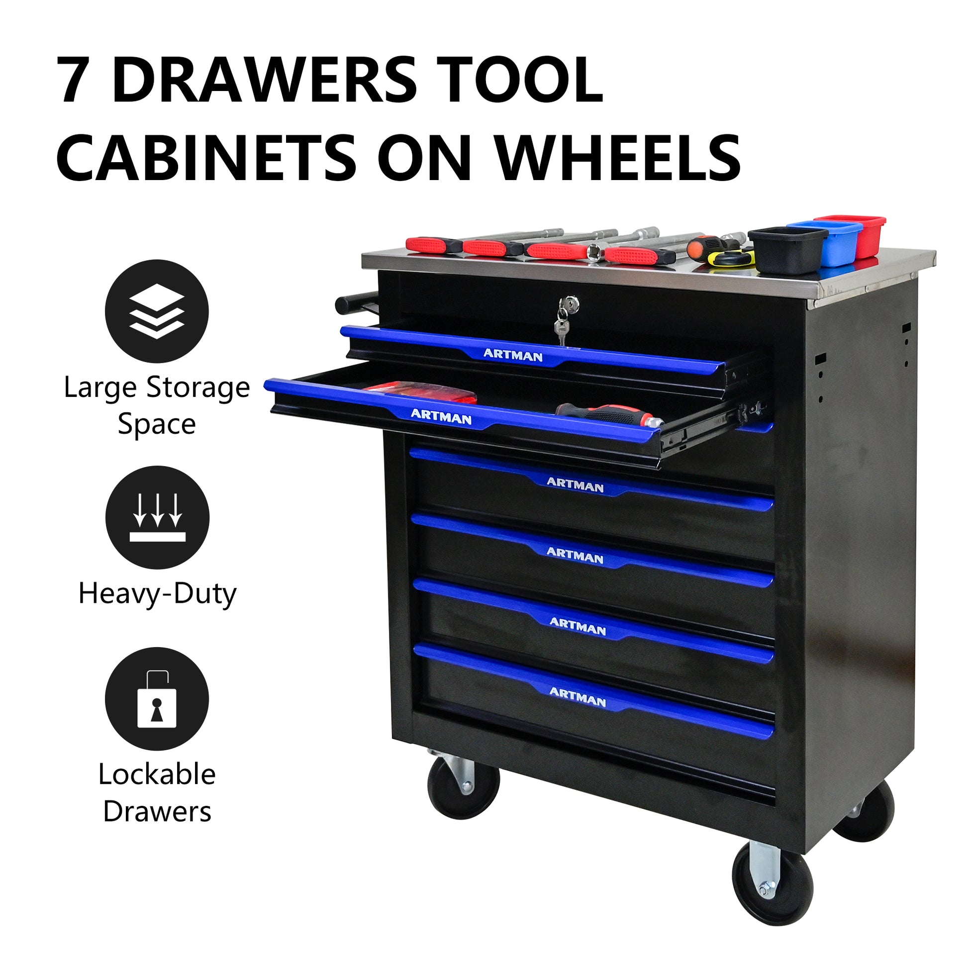 7 DRAWERS MULTIFUNCTIONAL TOOL CART WITH WHEELS-BLACK&BLUE image 4