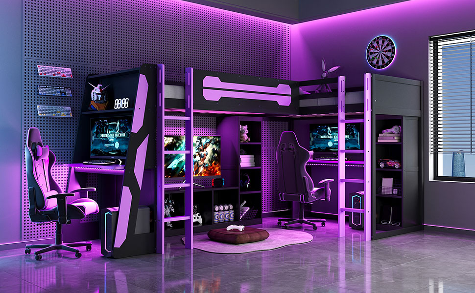 L-Shaped Wooden twin Size Gaming Bed Frame with RGB LED Lights, Dual twin Beds, USB Ports, TV Stand & Storage Shelves, Reversible Layout, Space-Saving Wood Loft Bed for Teens & Adults-Purple image 2