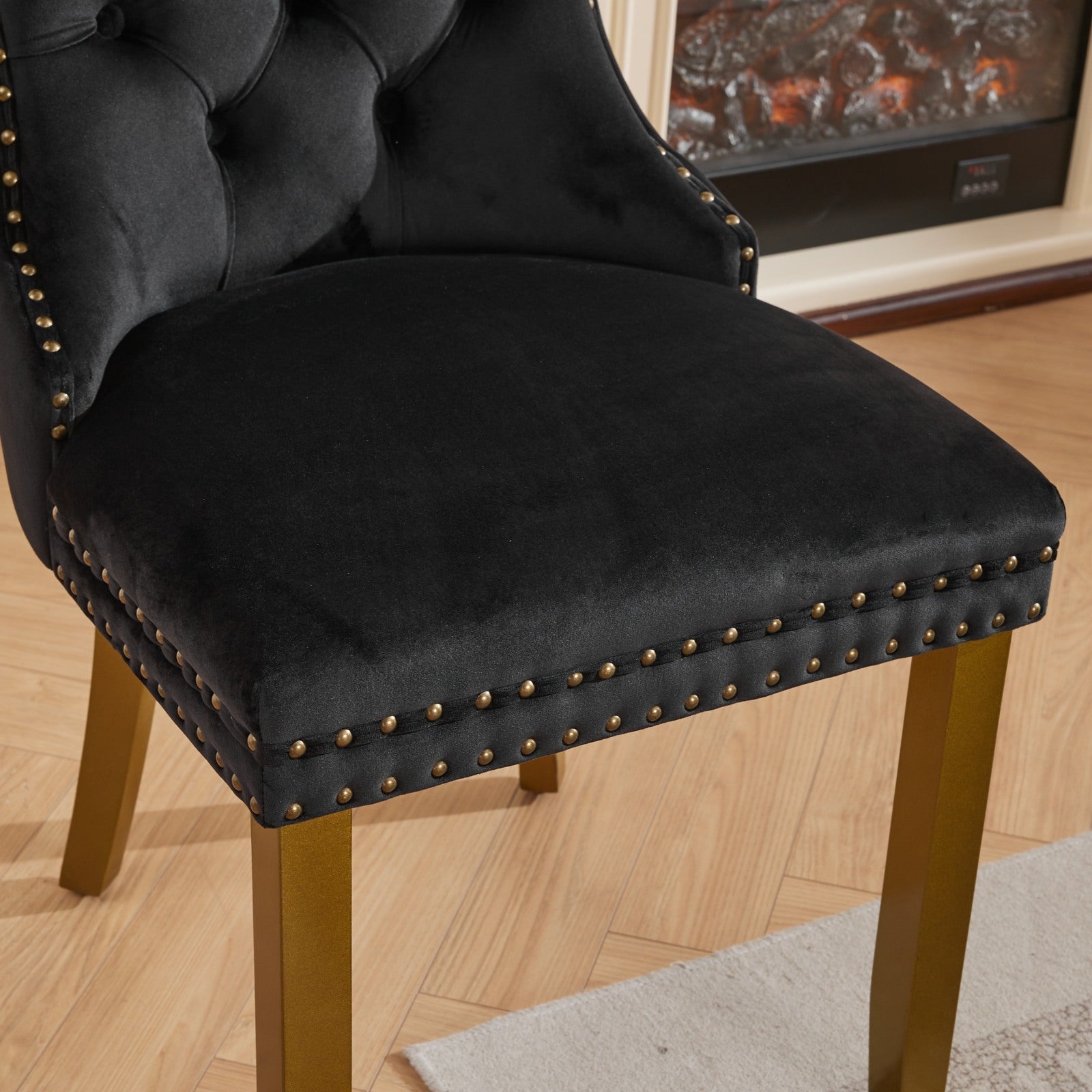 Mid-Century Modern Chairs with Lion Head Pull Ring,High-end Tufted Solid Wood Contemporary Velvet Upholstered Dining Chair with Golden Wooden Legs Nailhead Trim 2-Pcs Set,Black,SW1201BK image 12