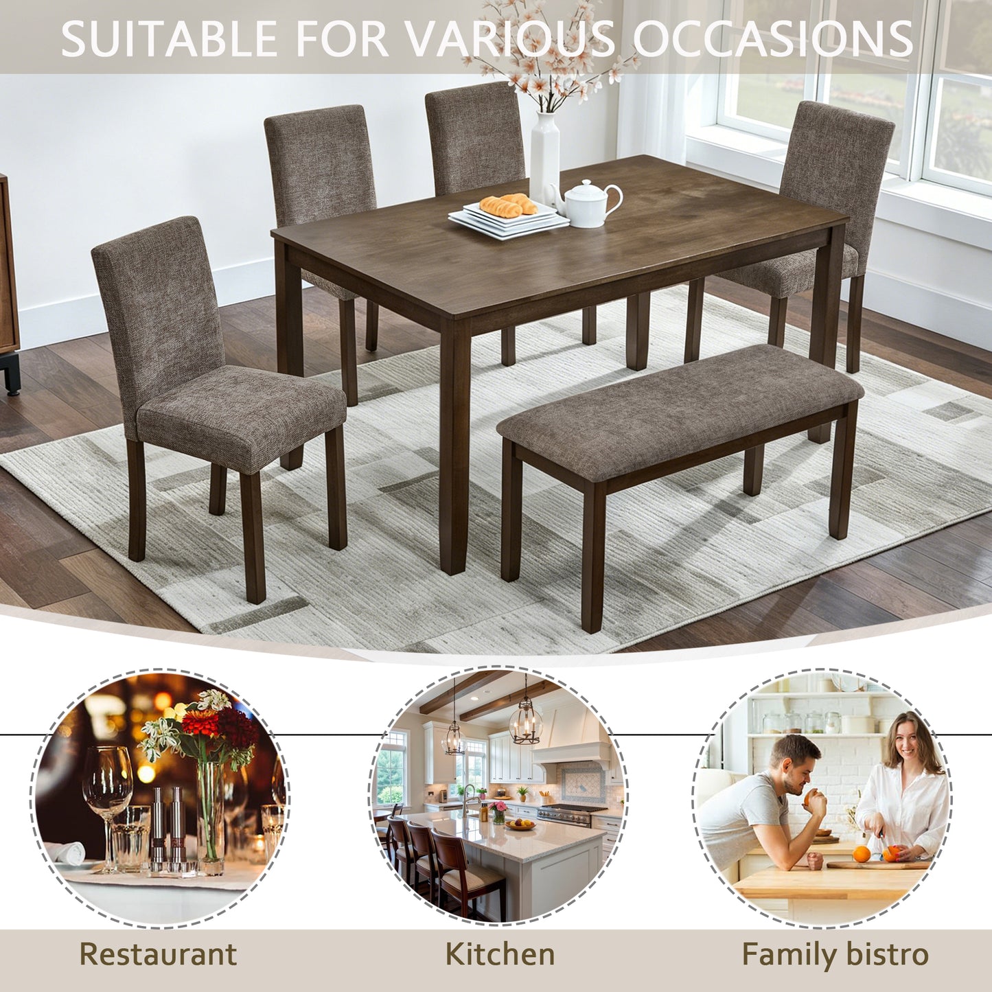6-Piece Dining Table Set with Bench and Chairs, Wooden dining table set for 6 people, Farmhouse Rustic Style 6 Person Dining Table Set for Dining Room, Kitchen, Walnut image 3