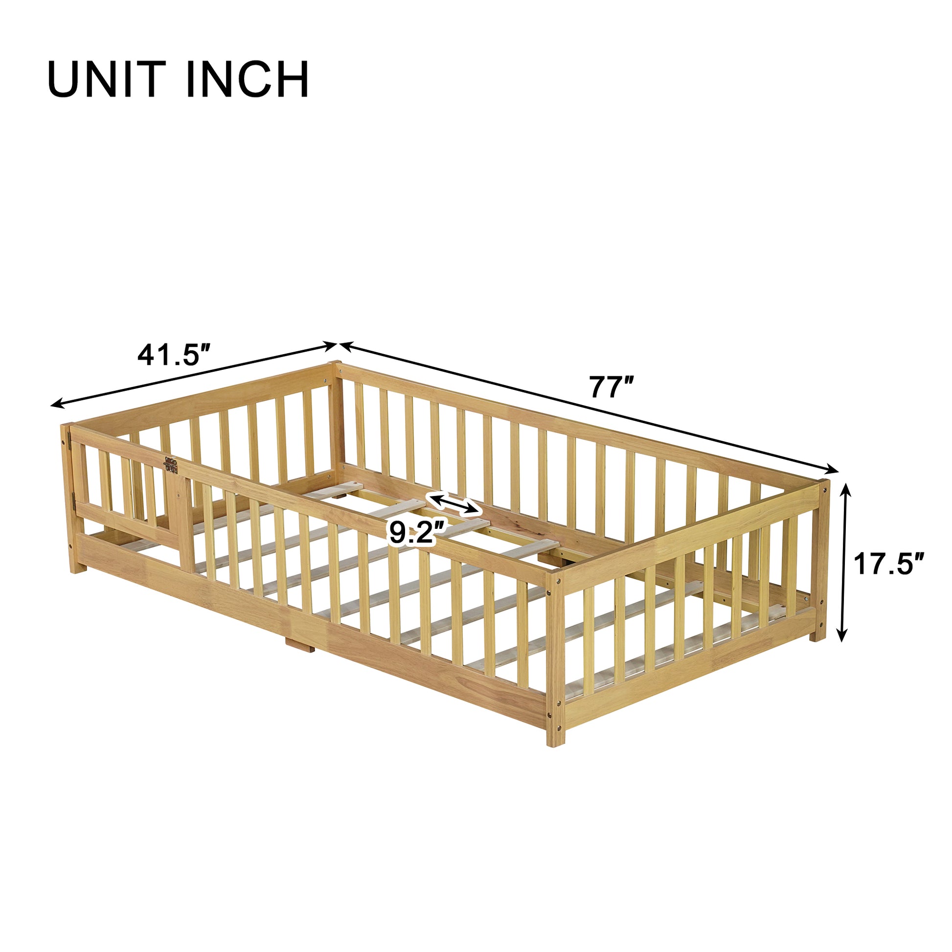 Twin Size Floor Bed with Fence and Door,Rubber Wood Floor Bed with Safety Guardrails,Natural (Old Sku W504P296778) image 7