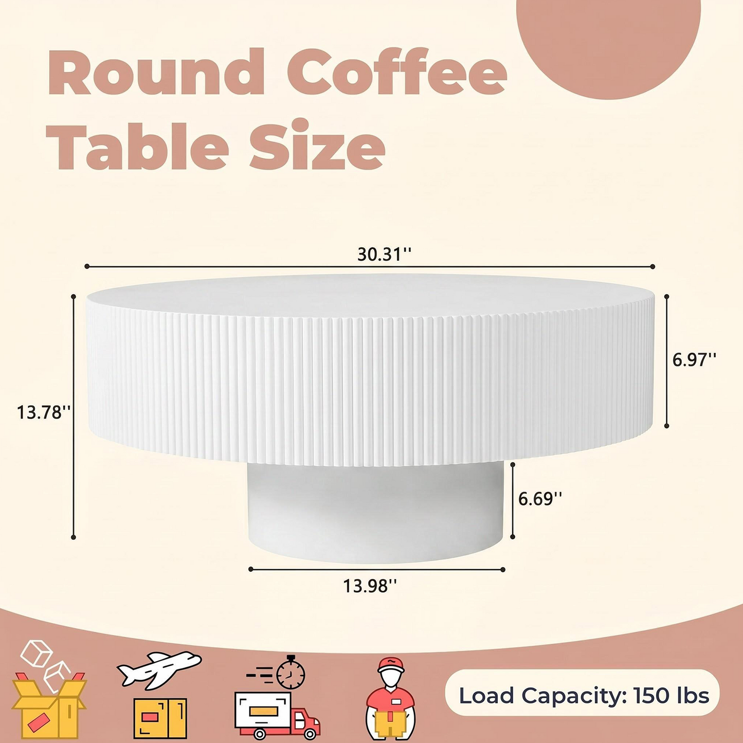 Round Coffee Table, Fluted Coffee Table with Sturdy Pedestal, Mid Century Modern Coffee Table for Living Room, Bedroom, Terrace, Office, Small Space (White Round Thick) image 11