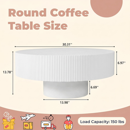 Round Coffee Table, Fluted Coffee Table with Sturdy Pedestal, Mid Century Modern Coffee Table for Living Room, Bedroom, Terrace, Office, Small Space (White Round Thick) image 11