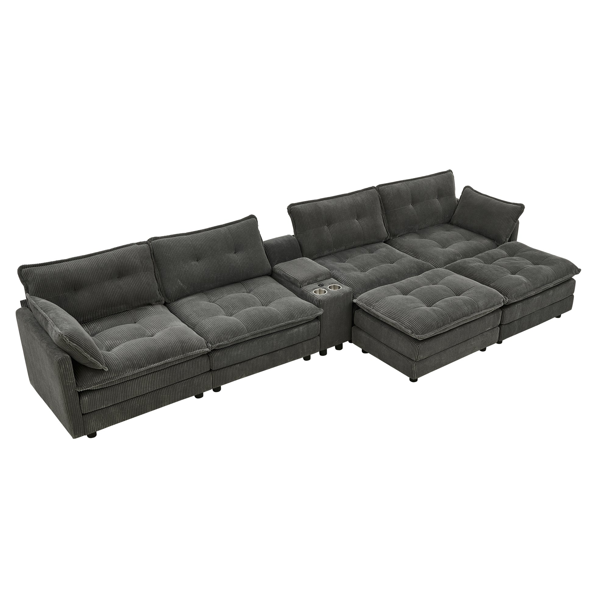 154" Sectional Cloud Sofa Couch with Ottomans, Modular U Shaped Couches for Living Room, Comfy Corduroy Oversized Sectional Modern 6 Seat Deep Seat Sofa Set with Central Console USB Port, Grey image 12