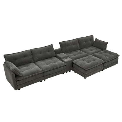 154" Sectional Cloud Sofa Couch with Ottomans, Modular U Shaped Couches for Living Room, Comfy Corduroy Oversized Sectional Modern 6 Seat Deep Seat Sofa Set with Central Console USB Port, Grey image 12