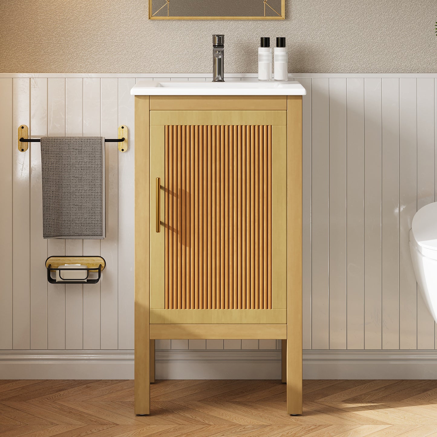 18" Bathroom Cabinet with Storage, Small Space Solution with Ceramic Sink, Adjustable Shelf, Soft-Closing Hinges image 1
