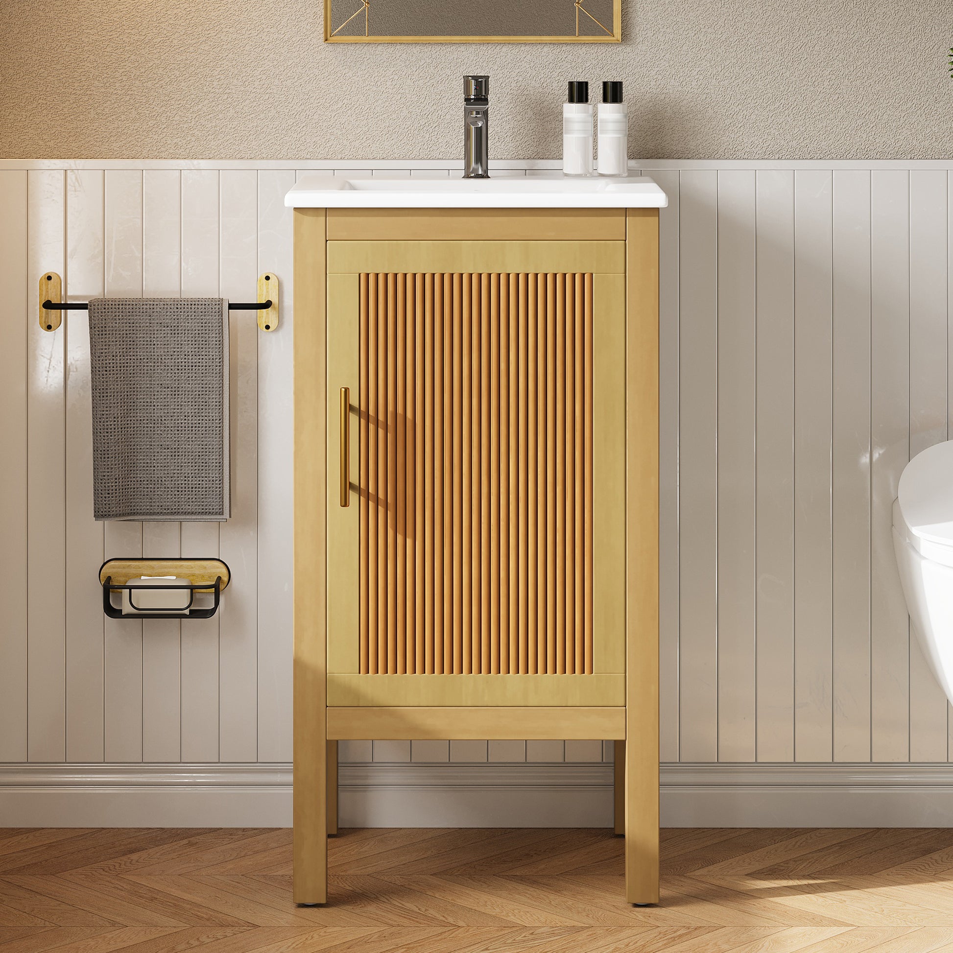 18" Bathroom Cabinet with Storage, Small Space Solution with Ceramic Sink, Adjustable Shelf, Soft-Closing Hinges image 1