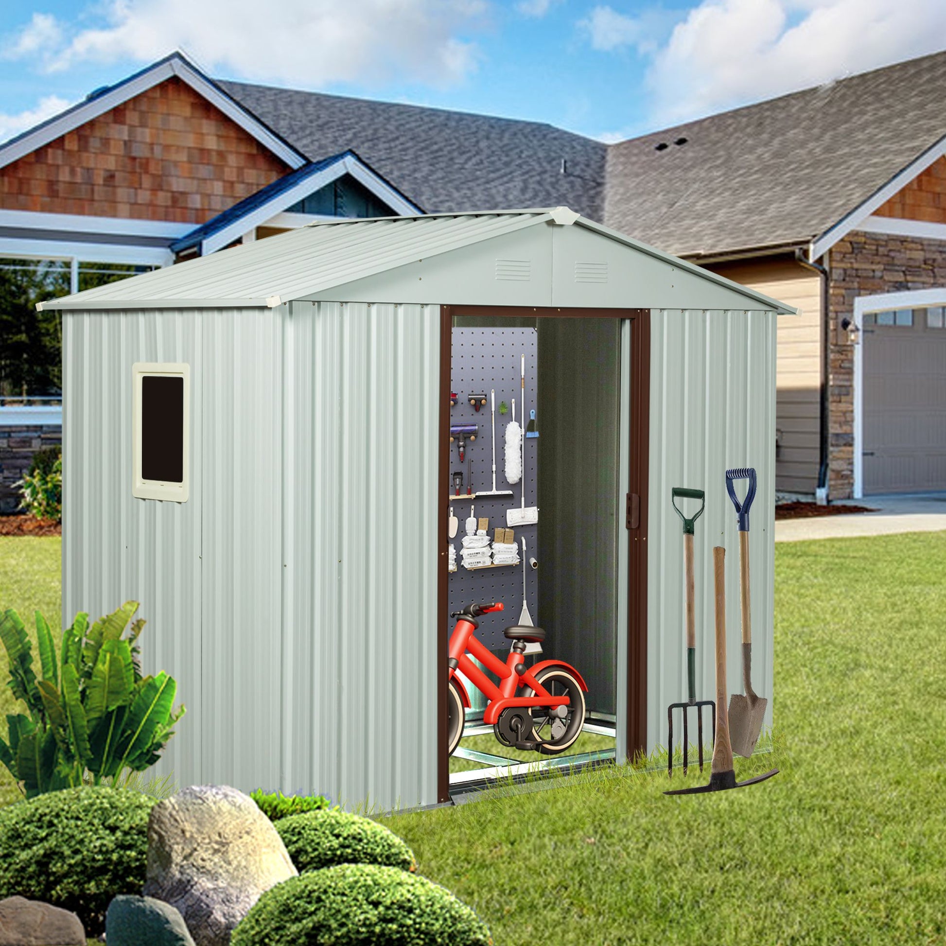 8ft x 4ft Outdoor Metal Storage Shed With window and metal foundation White image 1