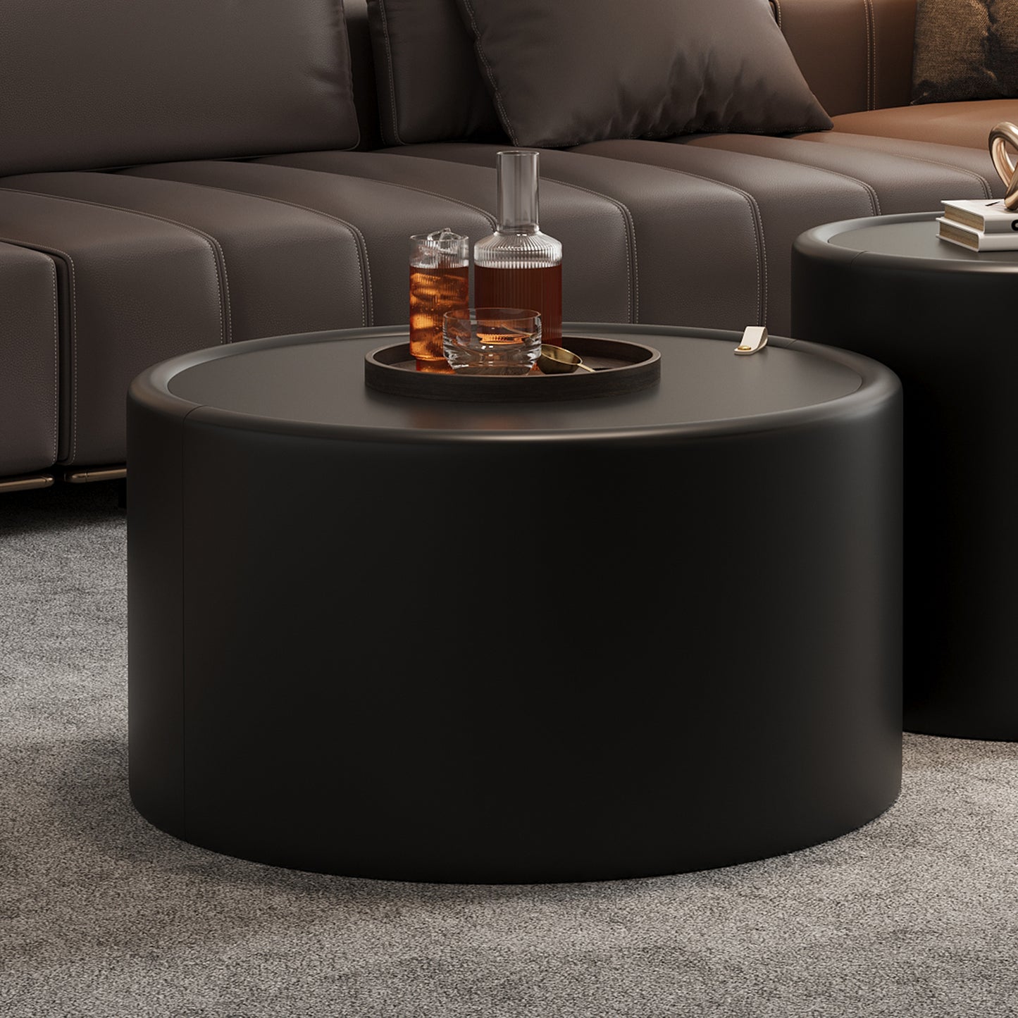Black Round Coffee Table with Tempered Glass Top, PU Leather Body & Hidden Storage for Living Room, Modern Accent Table image 1
