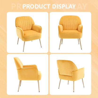 Velvet Accent Chair, Modern Upholstered Living Room Chairs, Luxury Single Sofa Armchair with Metal Legs, Comfy Barrel Chairs for Living Room, Waiting Room, Bedroom, Office and Cafe, Yellow image 6