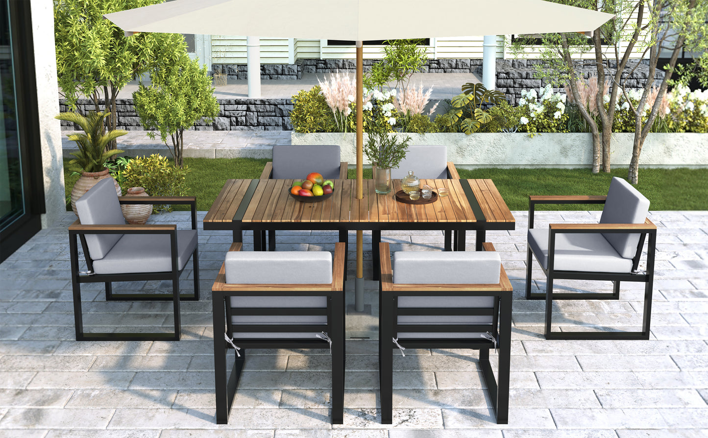 7 Pieces Outdoor Dining Set Patio Dining Table and Chair Set with and Removable Cushions for Patio, Backyard, Garden, Grey image 7