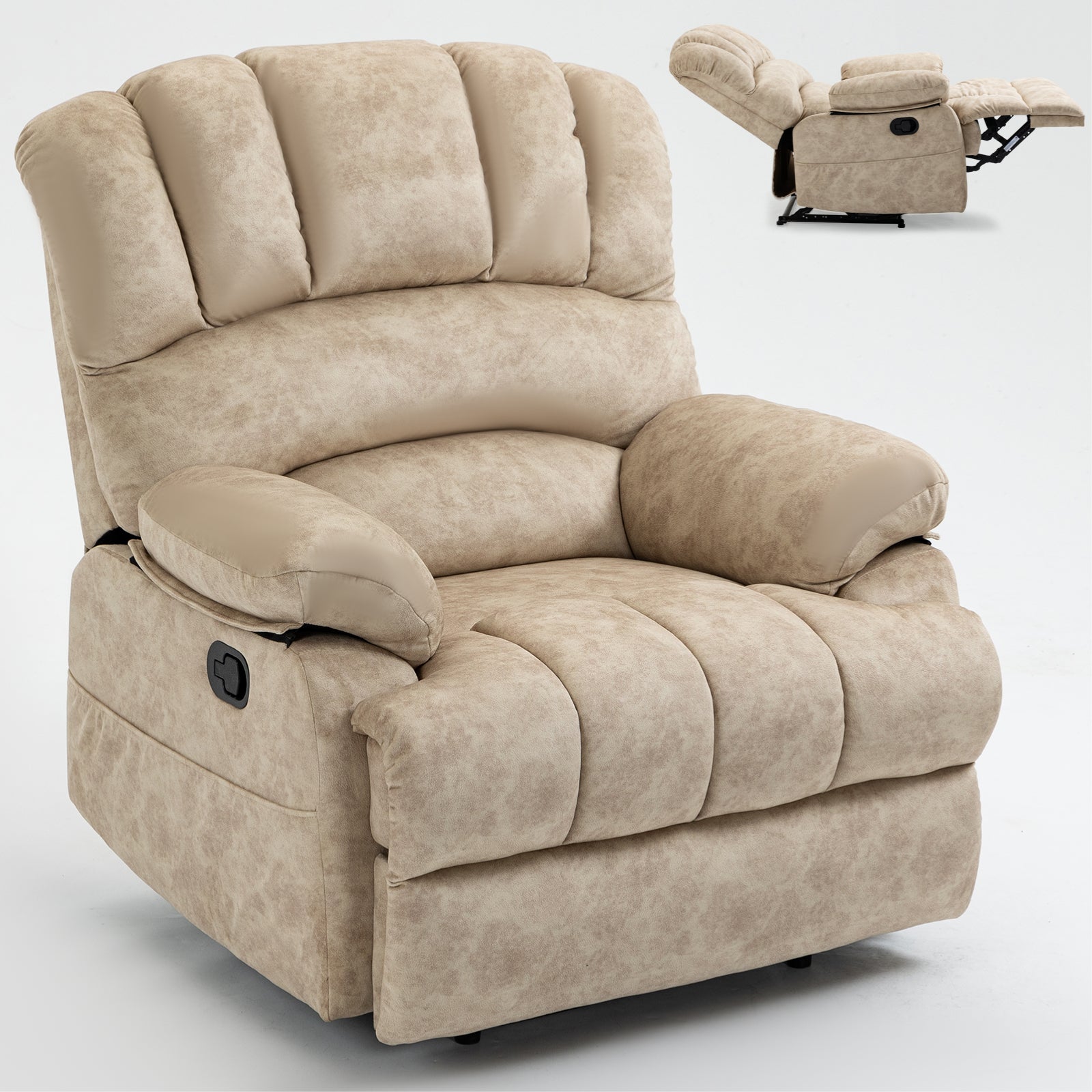 Large Manual Recliner Chair in Fabric for Living Room, Beige image 2