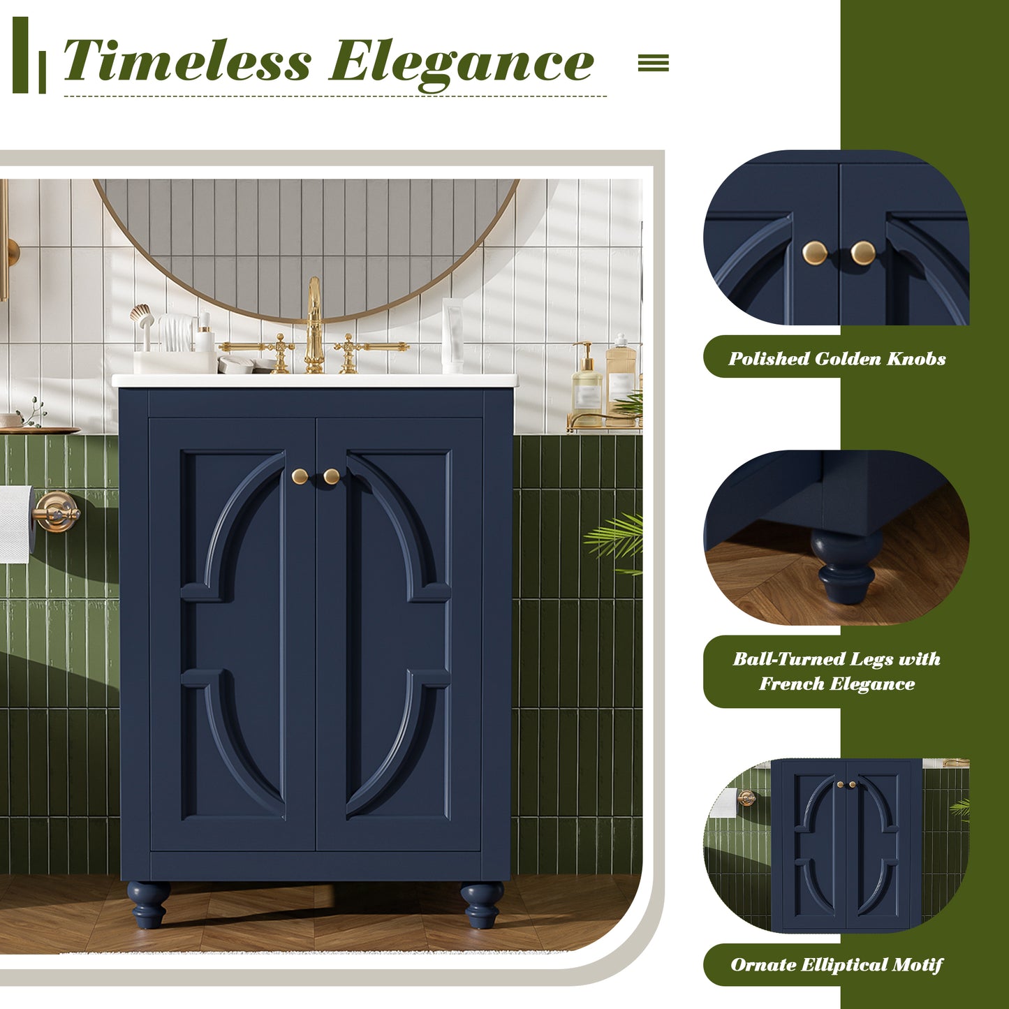 24" Modern Bathroom Vanity with Ornate Elliptical Motif Design & Soft-Close Hinges, Bathroom Cabinet with Back Open Structure, Ball-Turned Legs with French Elegance image 7