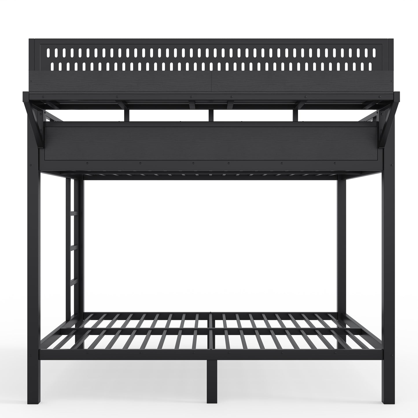 Full over Full Size Metal Bunk Bed with Storage Shelves and Pegboard, Bunk Bed Frame with USB Ports and LED Lights, Space-Saving, for Teens and Adults, Black image 11