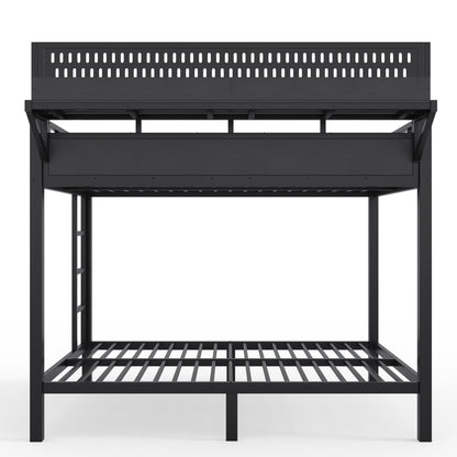 Full over Full Size Metal Bunk Bed with Storage Shelves and Pegboard, Bunk Bed Frame with USB Ports and LED Lights, Space-Saving, for Teens and Adults, Black image 11