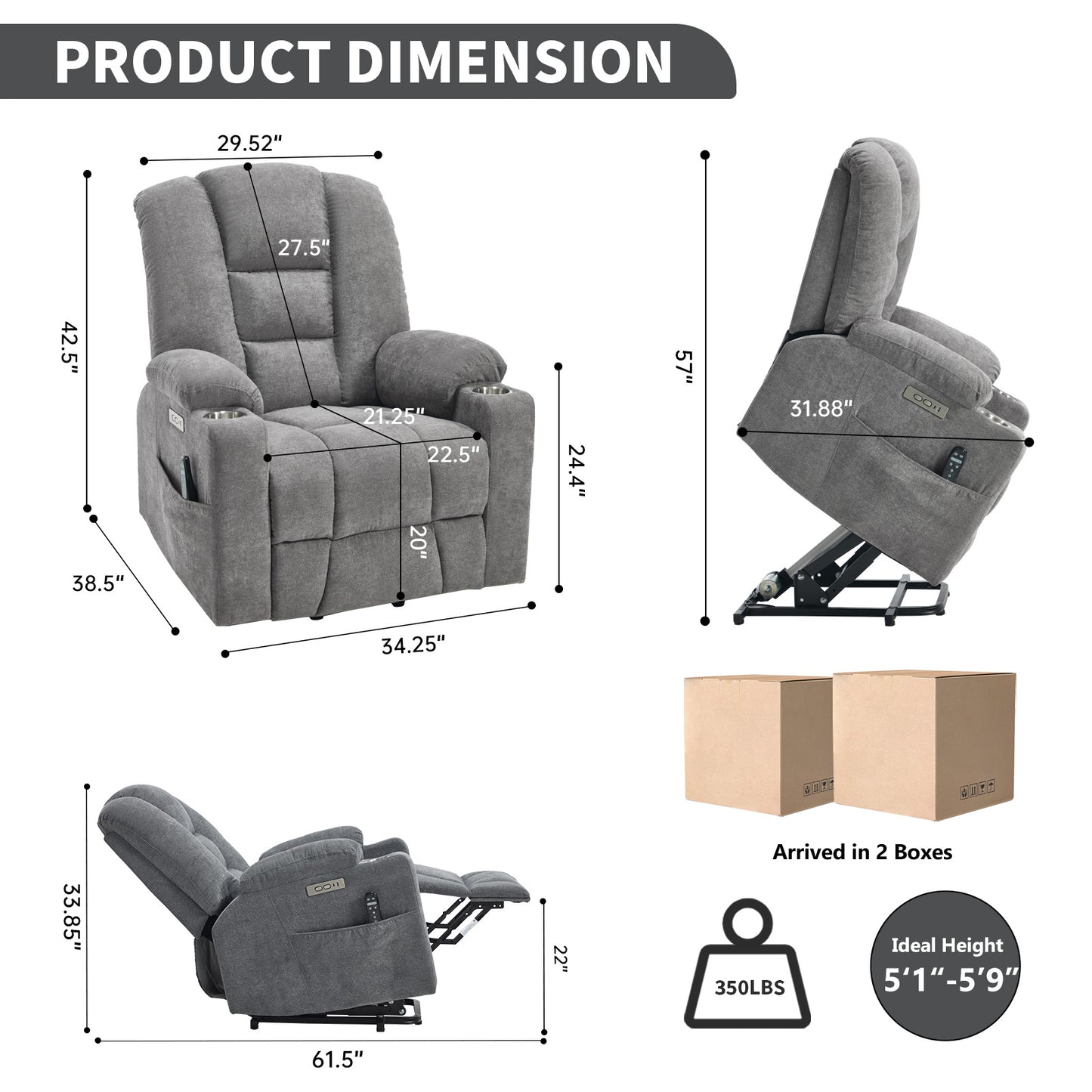 Power Lift Recliner Chair with Massage and Heat for Elderly, Overstuffed Wide Recliners, Heavy Duty Motion Mechanism with USB and Type C Ports, 2 Steel Cup Holders, Light Grey image 2