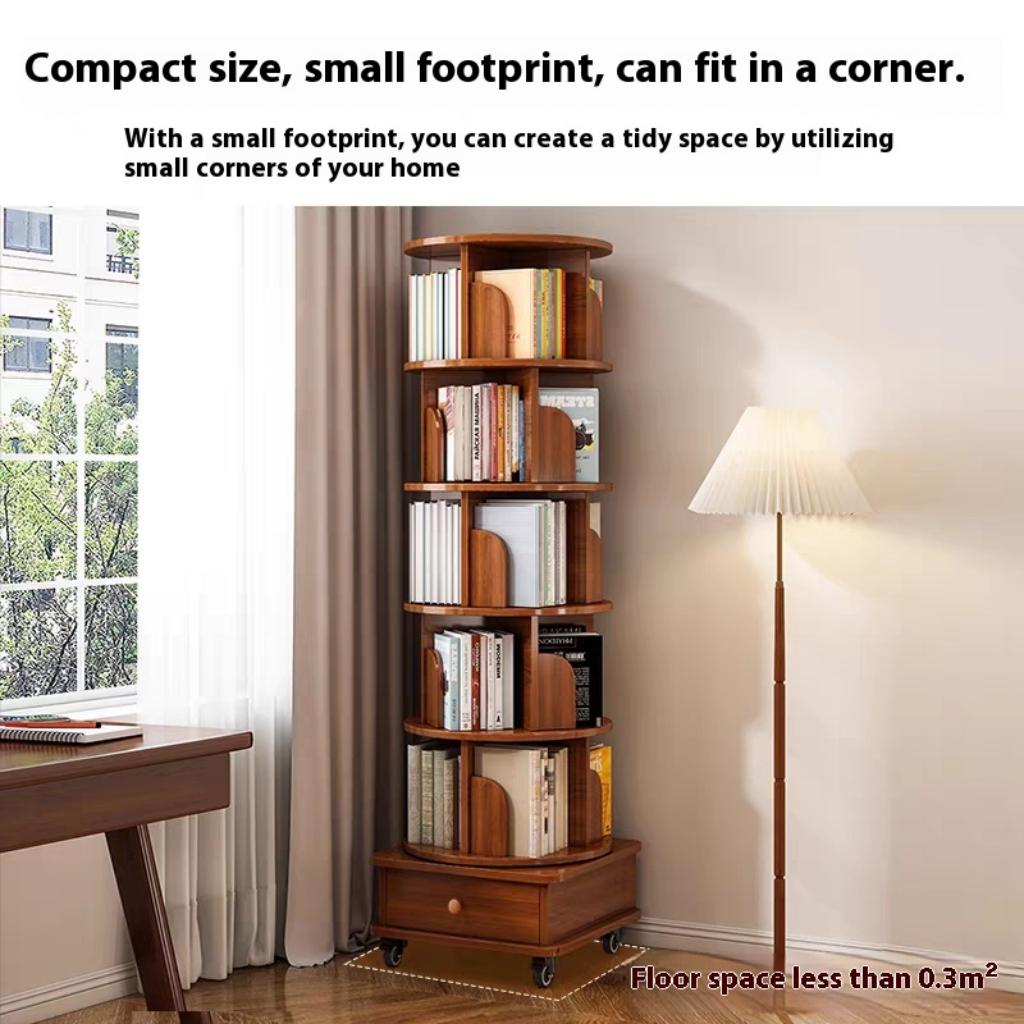(UPGRADED) Rotating Bookshelf, 360 Display Corner Bookshelf for Small Space, 6 Tier Bookcase Storage Rack with Wheels, Wood Narrow Organizer for Bedroom, Living Room, Study Room, Walnut Brown image 2