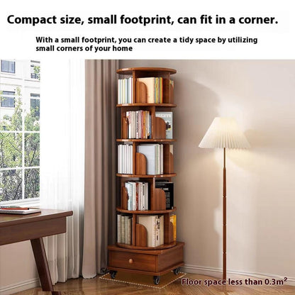 (UPGRADED) Rotating Bookshelf, 360 Display Corner Bookshelf for Small Space, 6 Tier Bookcase Storage Rack with Wheels, Wood Narrow Organizer for Bedroom, Living Room, Study Room, Walnut Brown image 2