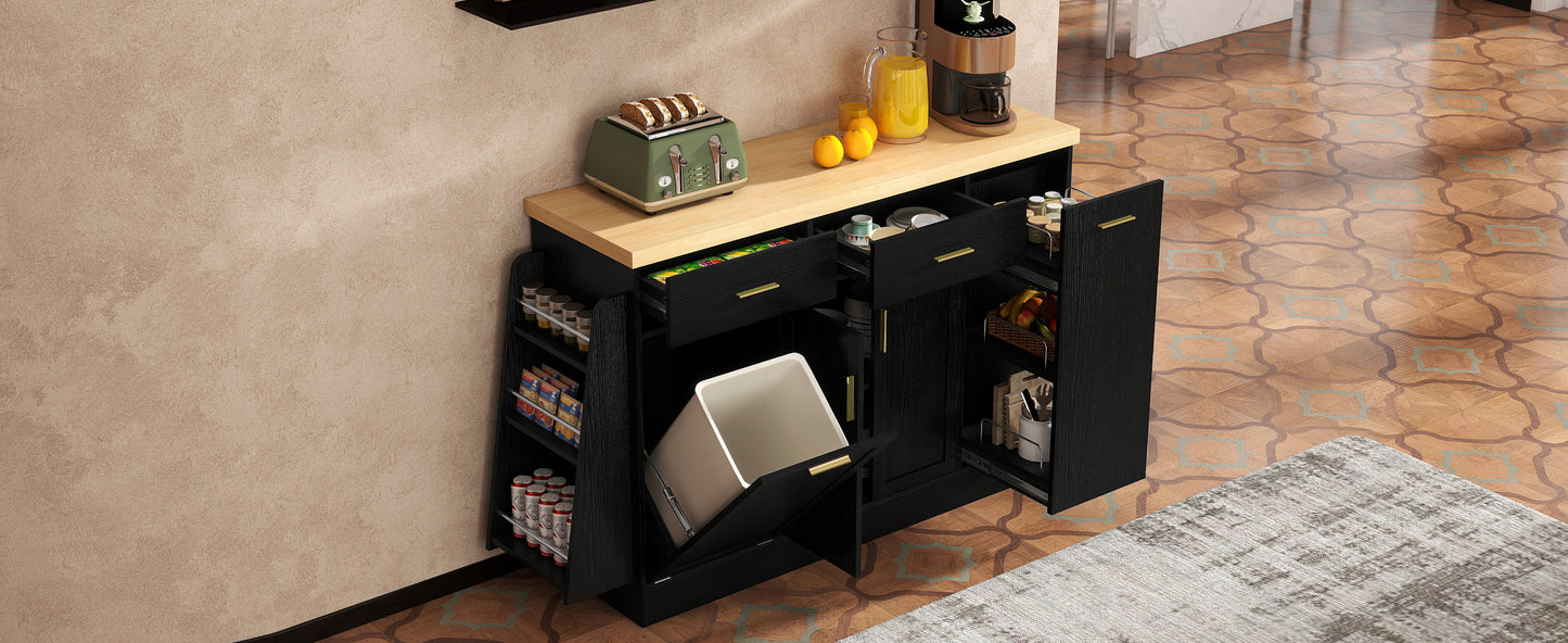 TREXM Multi-Functional Storage Sideboard, Trash Can Storage, Sliding Door Cabinet & 3-Tier Spice Rack,Kitchen Island Table for Kitchen, Dining Room (Black) image 5