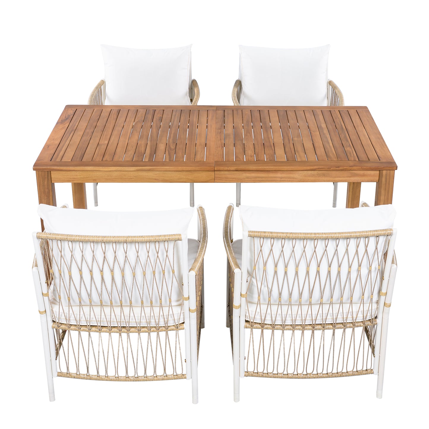 TOPMAX Patio 5pcs Wooden Dining Table Set, Outdoor 67''L Rectangular Table with 4 Rattan Arm Chairs for Poolside, Backyard, Garden, Natural image 11