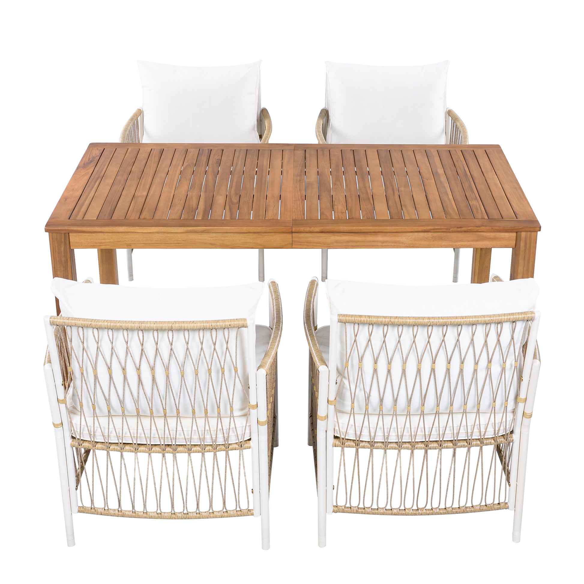 TOPMAX Patio 5pcs Wooden Dining Table Set, Outdoor 67''L Rectangular Table with 4 Rattan Arm Chairs for Poolside, Backyard, Garden, Natural image 11