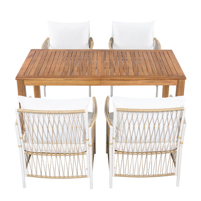 TOPMAX Patio 5pcs Wooden Dining Table Set, Outdoor 67''L Rectangular Table with 4 Rattan Arm Chairs for Poolside, Backyard, Garden, Natural image 11