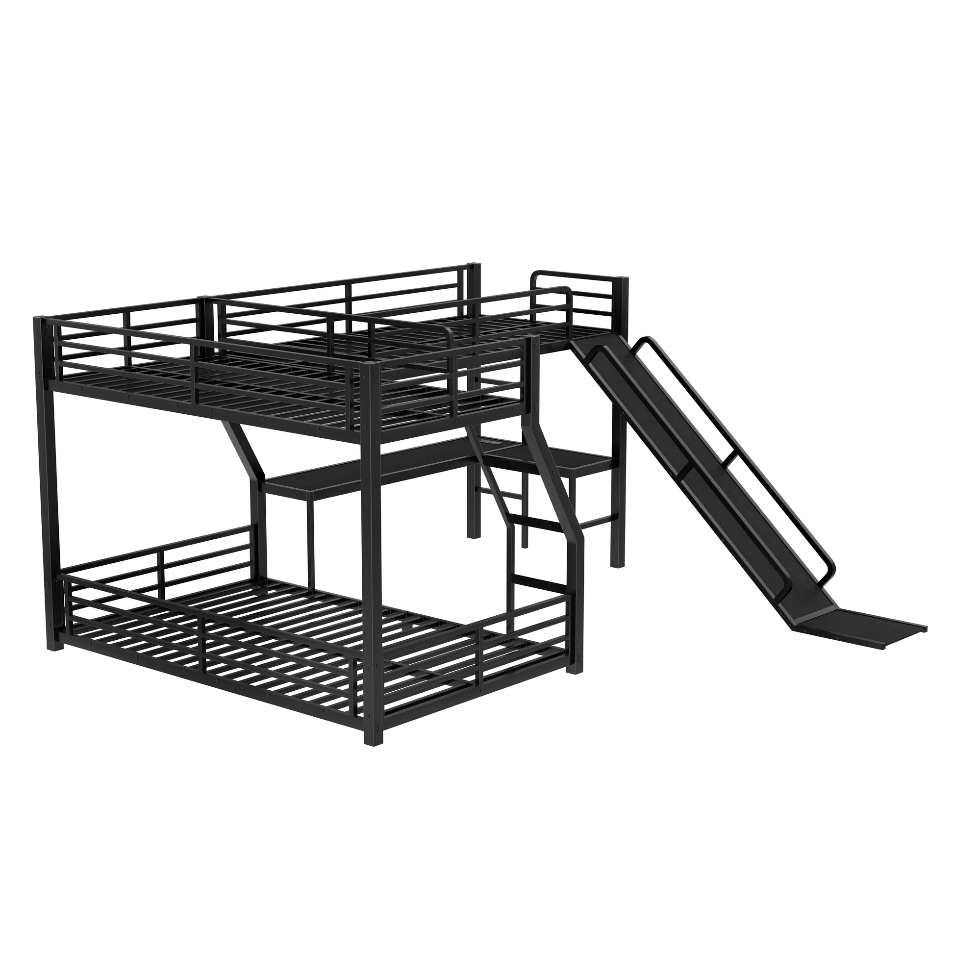 L-Shaped Twin over Full Bunk Bed with Twin Size Loft Bed, Metal Triple Bunk Bed with Slide and USB Ports, Space-saving and Noise-free Design, Black image 7