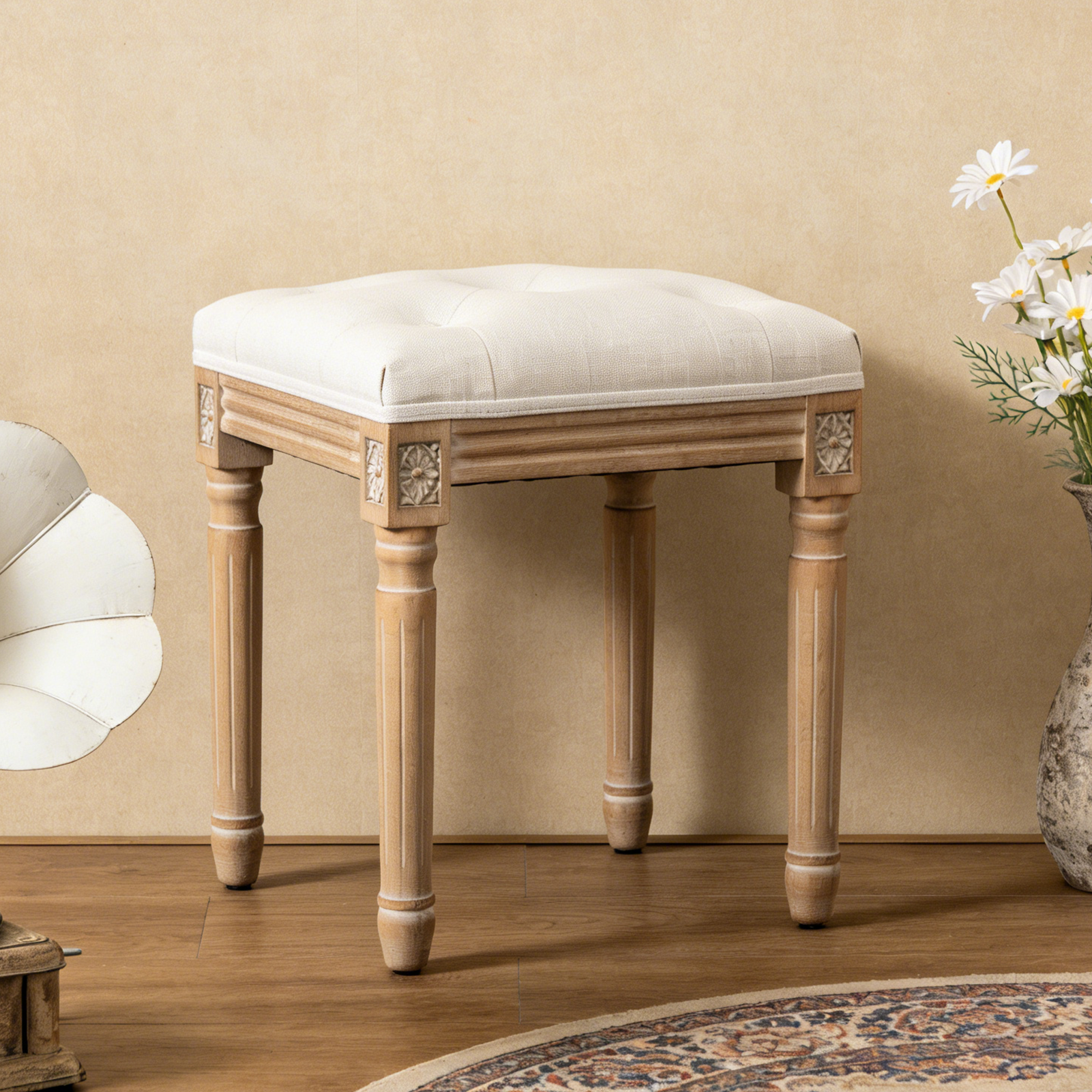 Tufted Vanity Stool with Linen Upholstery & Carved Solid Wood Legs, Dressing Bench for Bedroom, Beige image 1