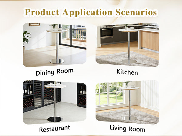 Rock slab circular tabletop non adjustable (39 inches high) bar table, bar table with silver legs and base (white) image 5