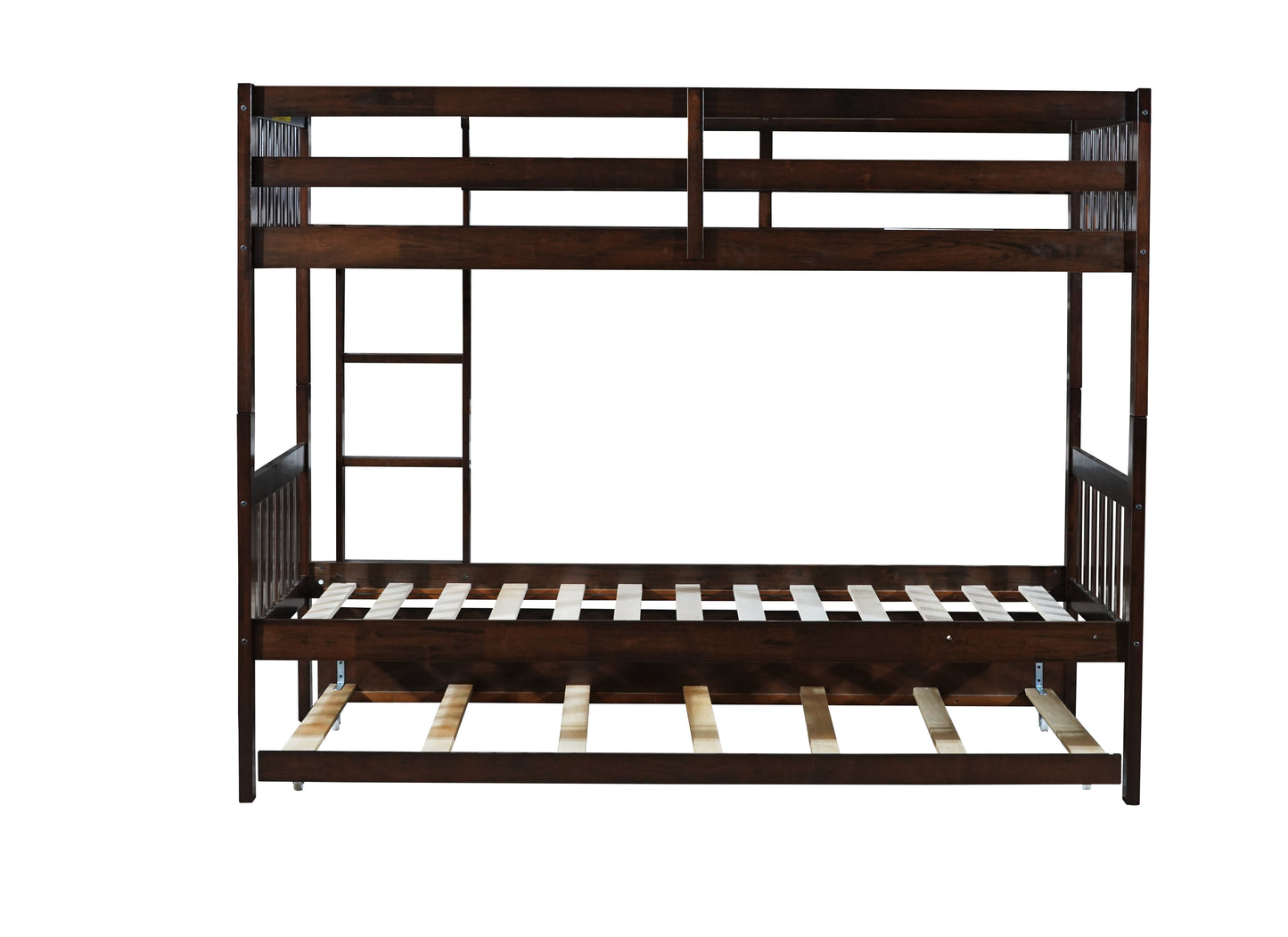 Twin Over Twin Rubber Wood Bunk Bed with Trundle, Convertible into Twin Size Beds, Twin Size Bunk Bed with Ladder and Safety Guardrails,Espresso image 4