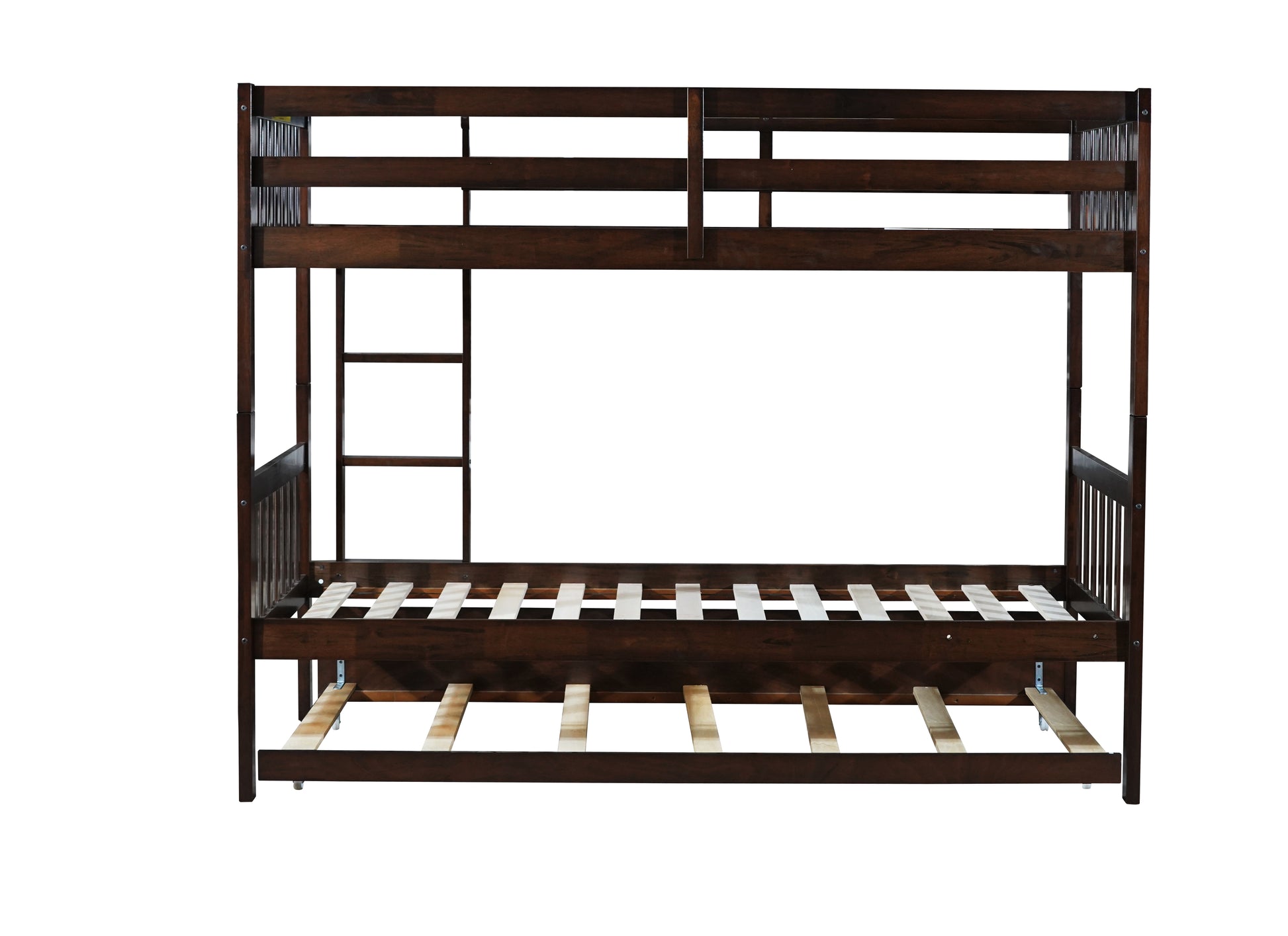 Twin Over Twin Rubber Wood Bunk Bed with Trundle, Convertible into Twin Size Beds, Twin Size Bunk Bed with Ladder and Safety Guardrails,Espresso image 4
