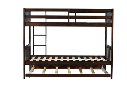 Twin Over Twin Rubber Wood Bunk Bed with Trundle, Convertible into Twin Size Beds, Twin Size Bunk Bed with Ladder and Safety Guardrails,Espresso image 4