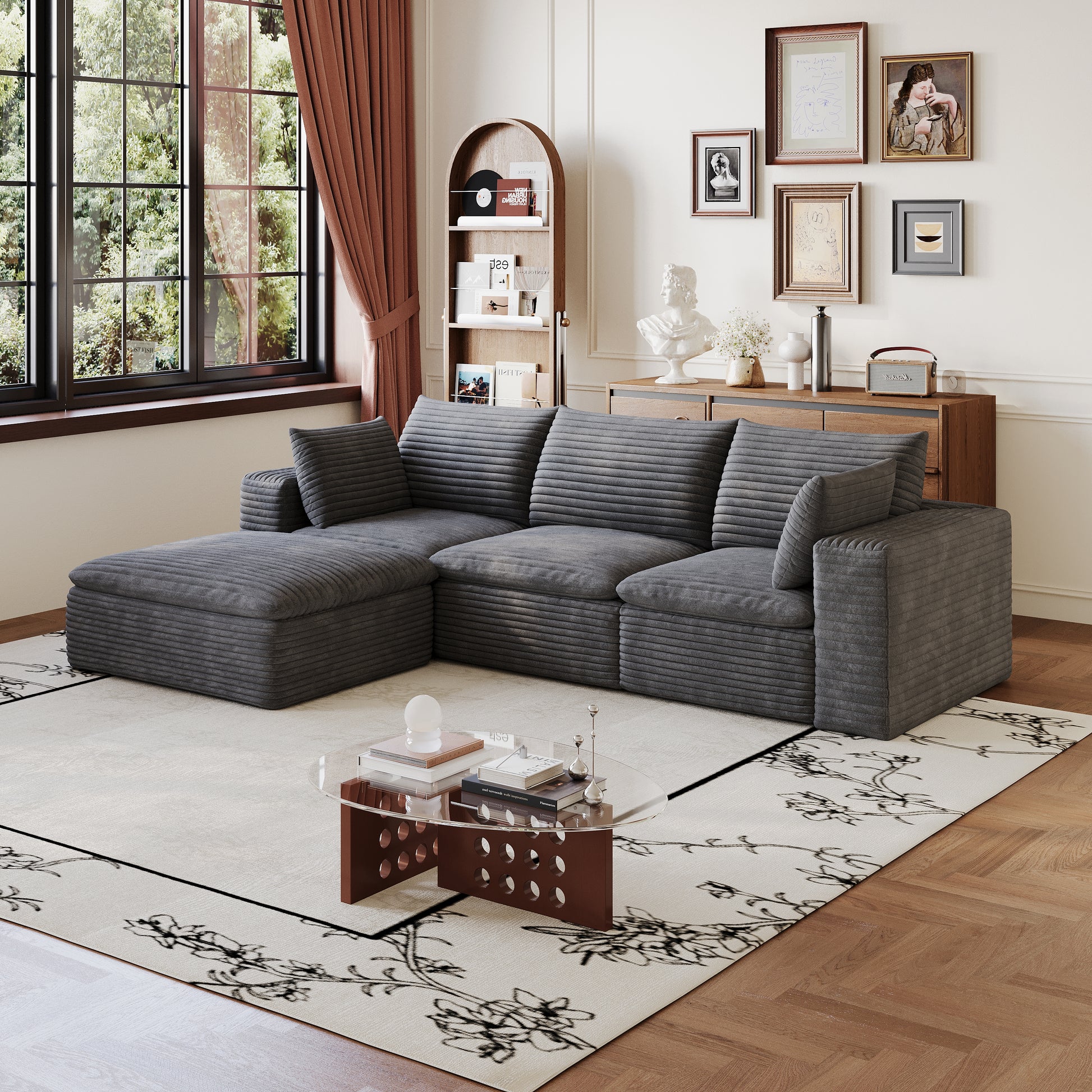 102" Cloud Sofa,Corduroy Fabric,Deep Seat Couches,Double-layer design,Removable Cushion,No Assembly, DIY Combination for Living room, Bedroom,Conference room,Apartment,Dark Grey image 4