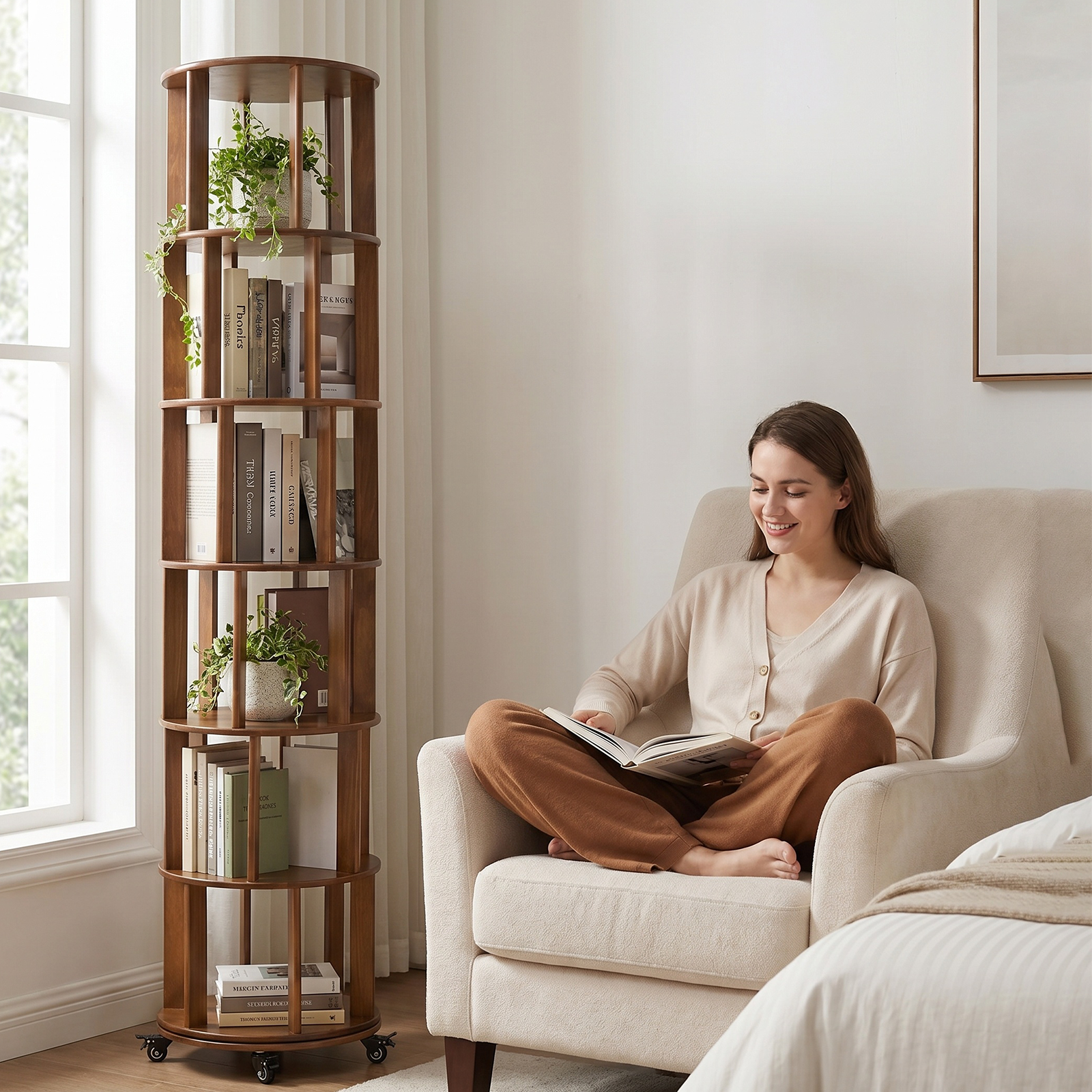 6 Tier Rotating Bookshelf, Solid Wood Rotating Bookshelf Tower with Wheels, 360° Display Round Spinning Bookshelf for Small Spaces, Corner, Bedroom, Living Room, Home, Office, Walnut image 8