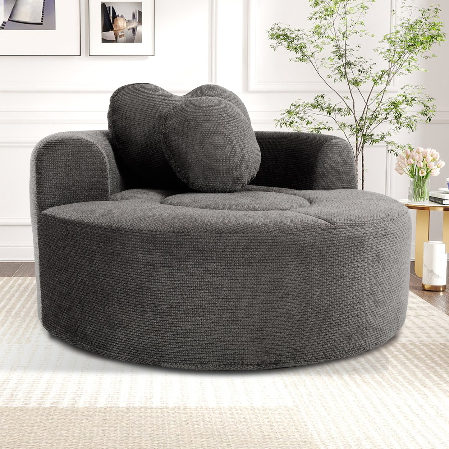 Round Sofa Bed with Memory Foam Sectional Couches for Living Room, Cloud Couch with three pillows, Black+gray image 2
