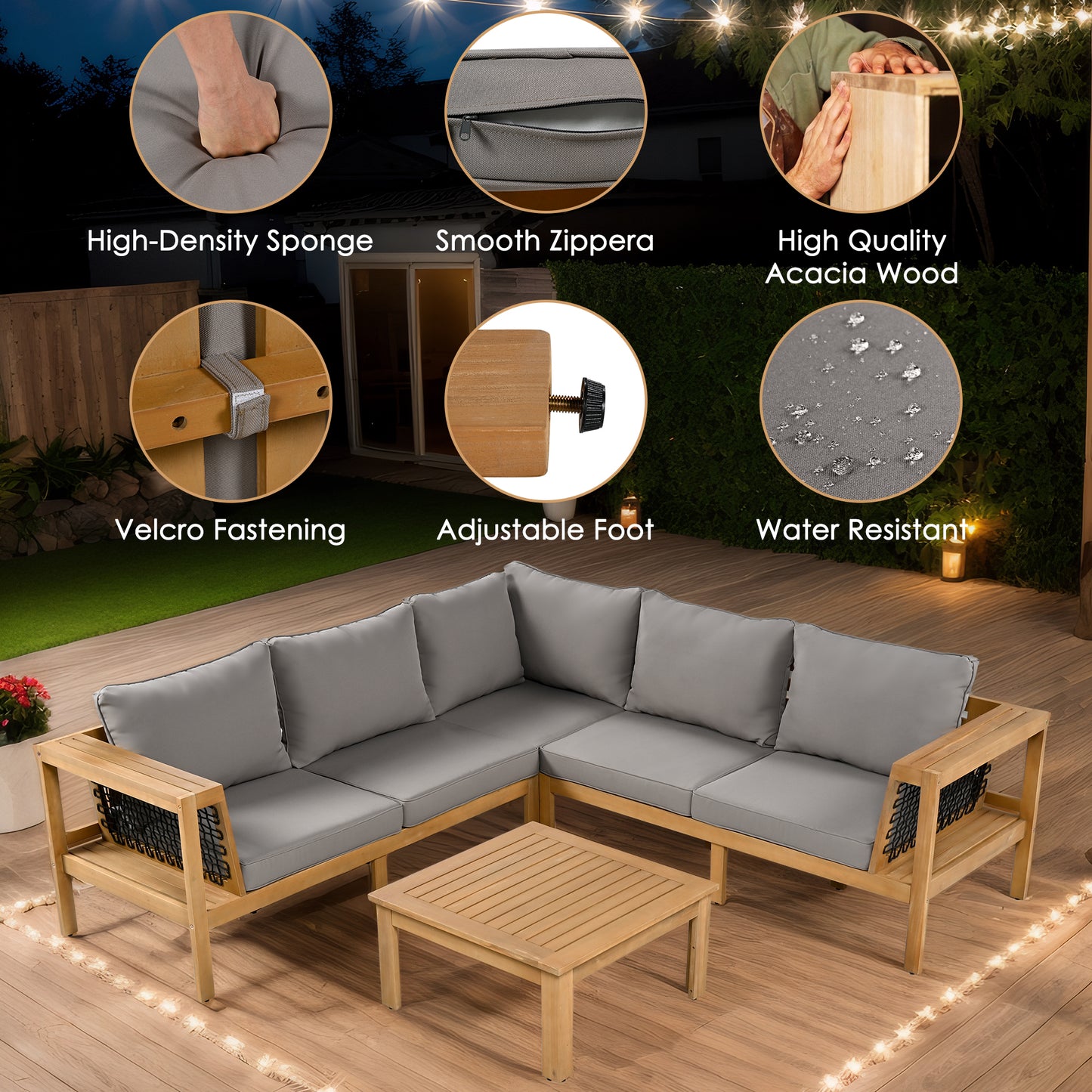 <Old SKU: N704G201249E> 4 Pieces Outdoor Acacia Wood Sofa Set, Woven Mesh Armrests, L-Shaped Patio Furniture Sofa Set with Coffee Table, Outdoor Conversation Set with Gray Cushions and Side Table image 5