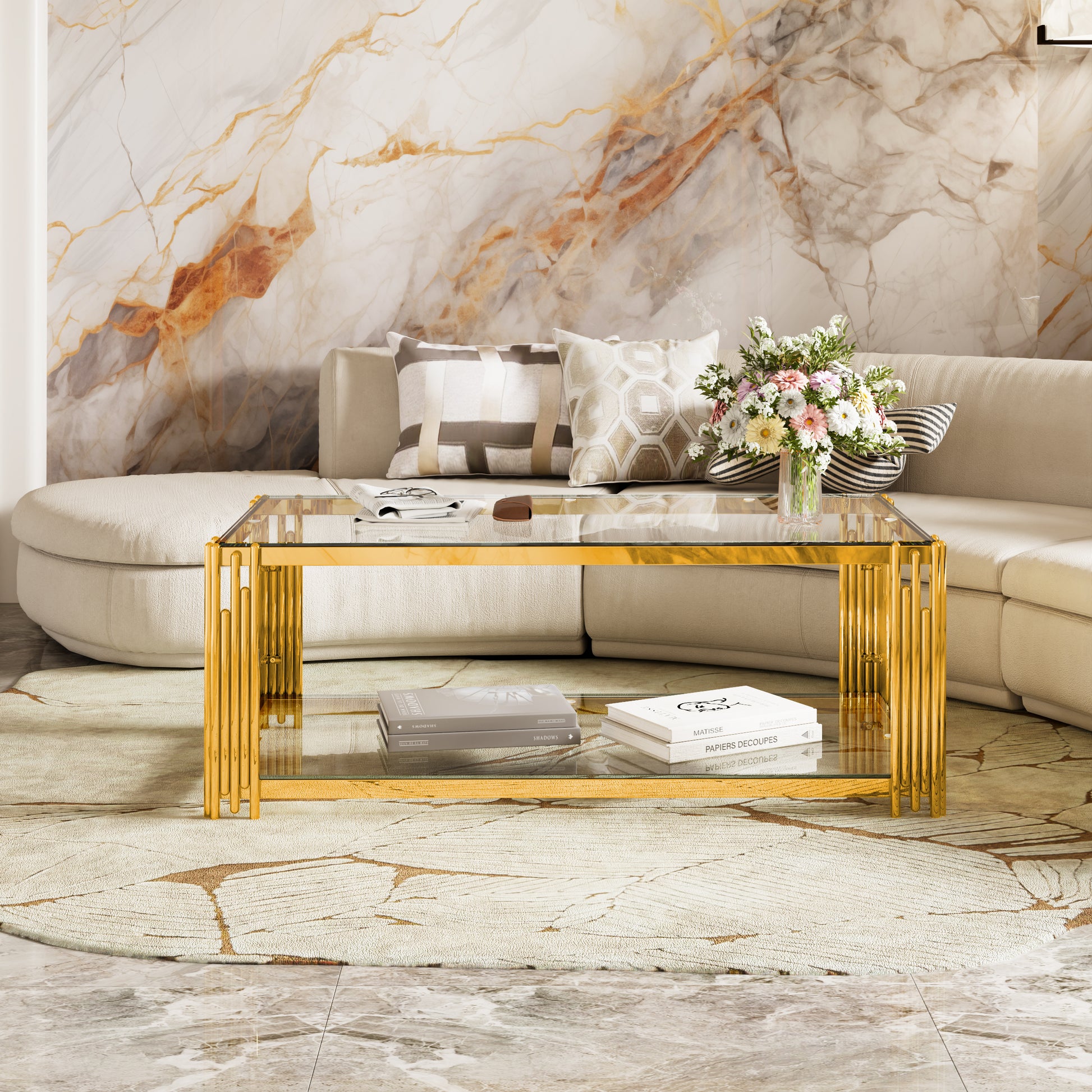 Modern Transparent Glass Coffee Table,Rectangle, Asymmetrical Metal, Gold Finish & Lower Shelf, 47.5" image 4