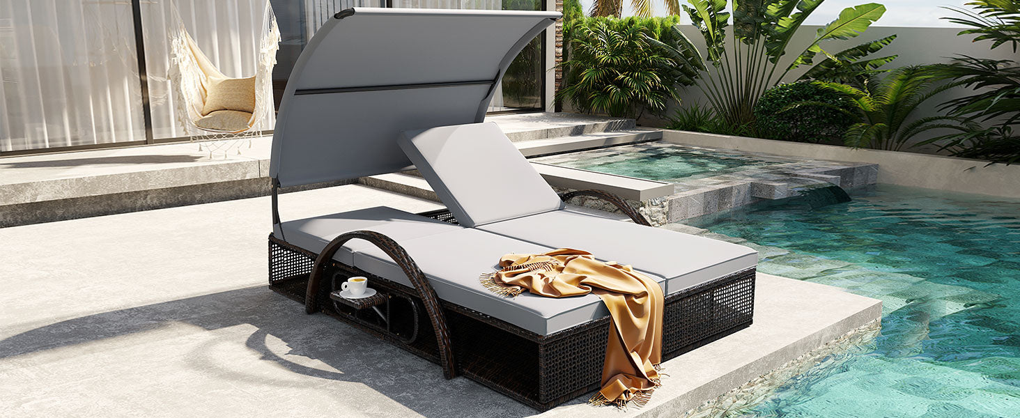 U_STYLE Outdoor Steel Frame Sun Lounger with Adjustable Backrest,Patio Double Sunbed with Hidden Side Table and Arched Armrests,Suitable for Patio Pool Deck,Garden,Backyard image 4