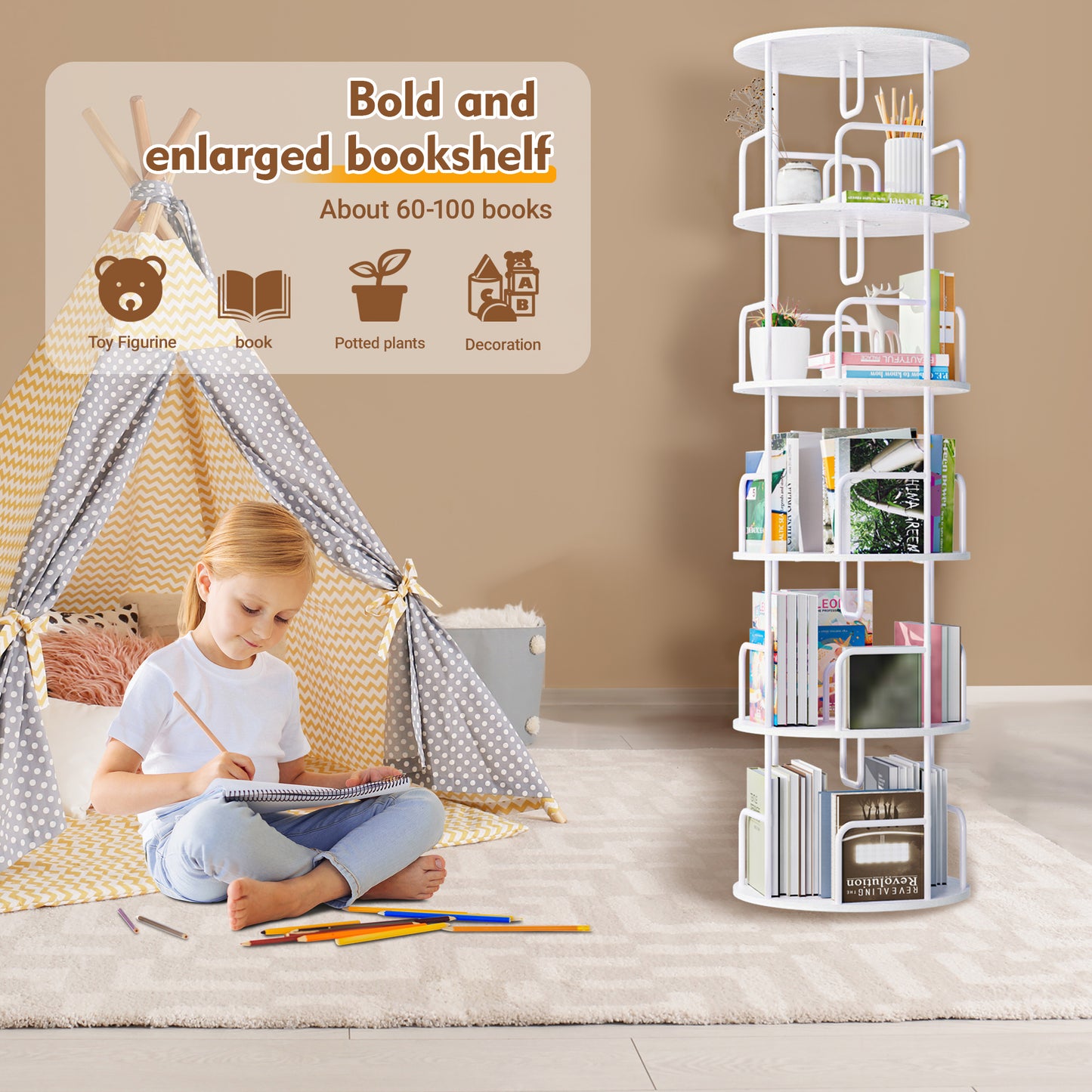 Rotating Bookshelf Tower 5 Tier,Spinning Bookcase, Revolving 360 Book Shelf Narrow Tall Bookcase, Vertical Turning Round storage Bookshelf,Book Shelf Organizer for Bedroom, Living Room, White image 7