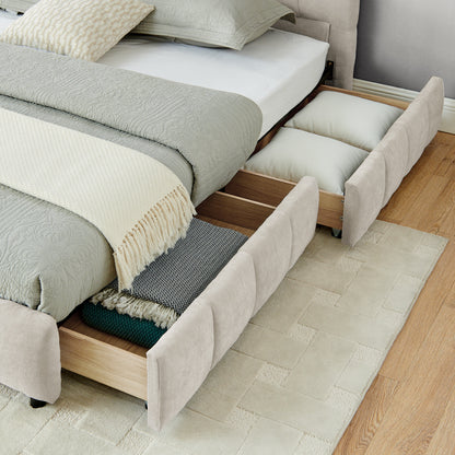 King Size Upholstered Bed,comfortable upholstered bed frame, Chenille fabric, with headboard and solid bed frame. With drawer for storage.-Beige(88.5''*85.5''*31'') image 7