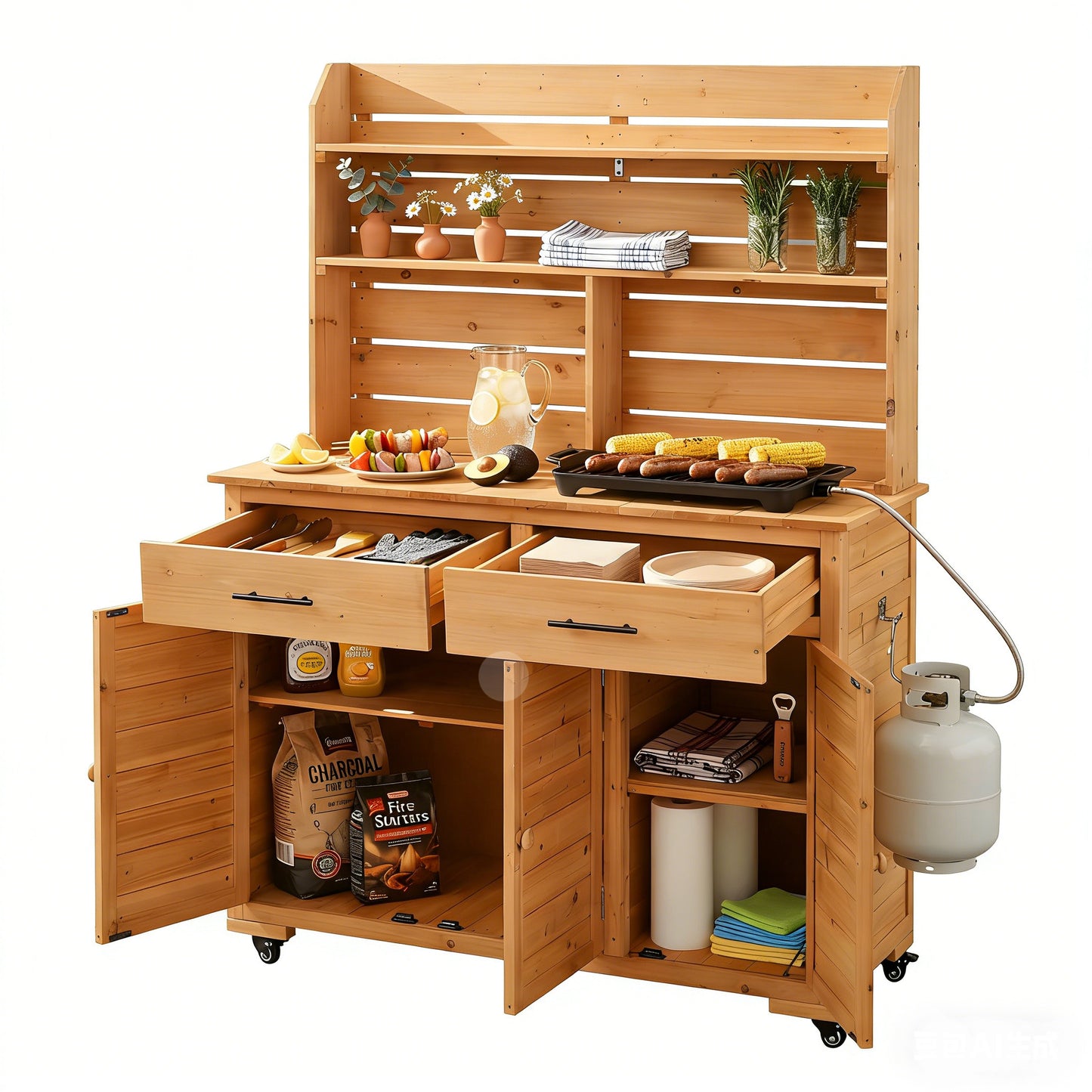 Assembly Video-TOPMAX 65''H Large Garden Potting Bench with Lockable Wheel and Storage Cabinet, Wood Outdoor Kitchen Island Prep Cart with Hutch Top, Drawers and Removal Shelves for Grilling, Natural image 4