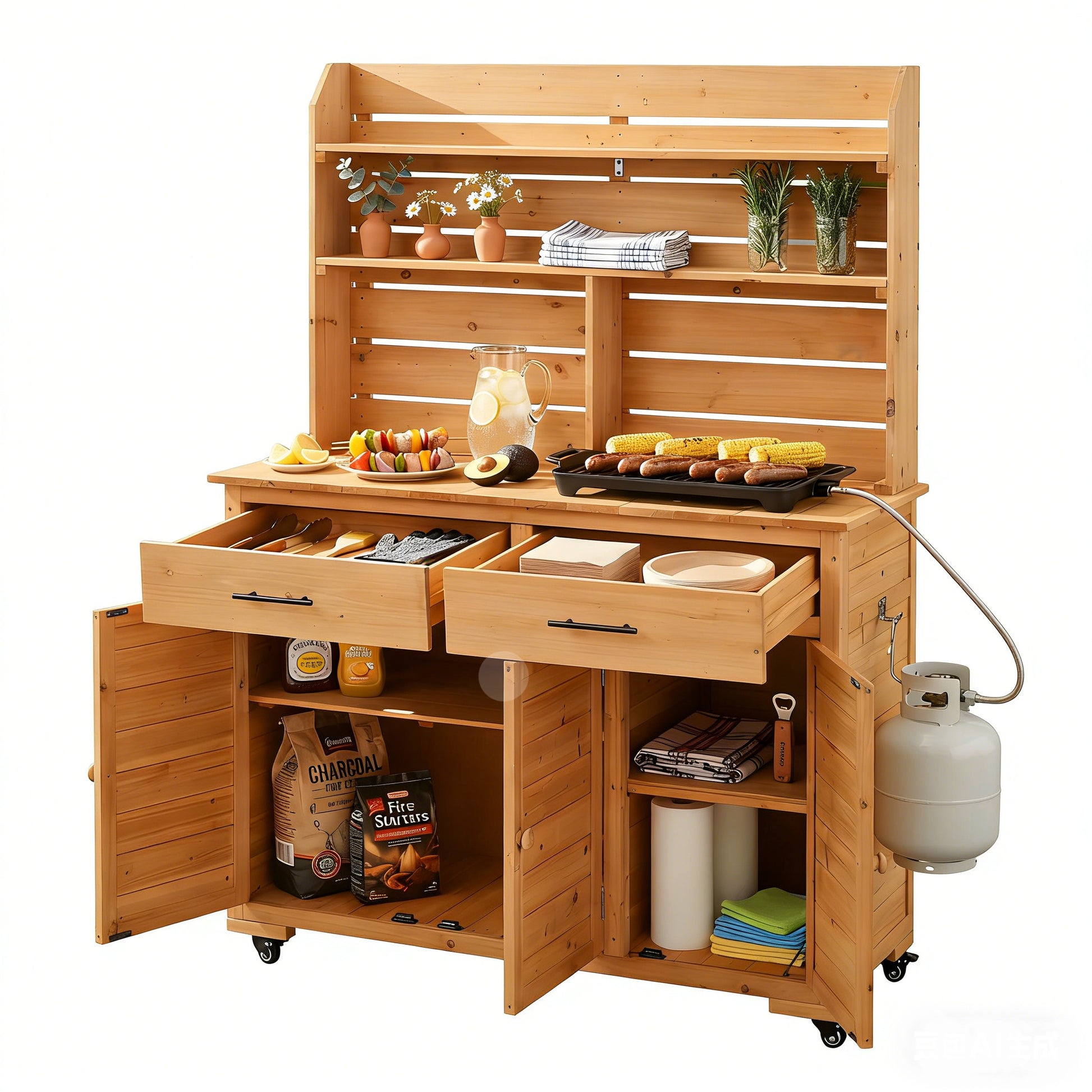 Assembly Video-TOPMAX 65''H Large Garden Potting Bench with Lockable Wheel and Storage Cabinet, Wood Outdoor Kitchen Island Prep Cart with Hutch Top, Drawers and Removal Shelves for Grilling, Natural image 4