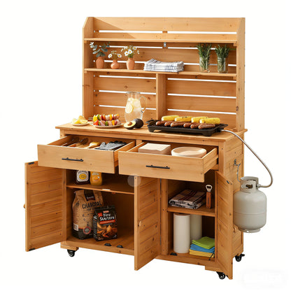 Assembly Video-TOPMAX 65''H Large Garden Potting Bench with Lockable Wheel and Storage Cabinet, Wood Outdoor Kitchen Island Prep Cart with Hutch Top, Drawers and Removal Shelves for Grilling, Natural image 4